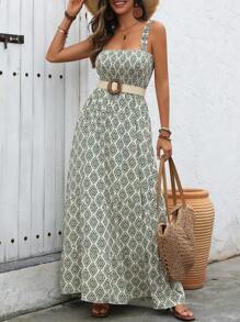 Breezaya Bohemian Vacation Style Printed Dress With Ruffle Hemline, Spaghetti Straps And Slim Fit