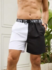 Manfinity Pantalones cortos de playa para hombres en bloque de color con jacquard de letra, cordón ajustable y cintura elástica suelta