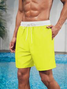 Manfinity VDAYZ Shorts Masculina de Praia com Cintura de Cordão e Bloco de Cores, Ajuste Solto para Feriados - Multicolorido - Visão 4
