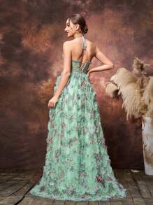 Faeriesty Dressalisa Maternity Floral Printed Halter Neck Mesh Overlay Formal Prom Dress - Green - View 2