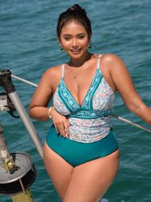 SHEIN Swim Curve 大码女式花卉印花海滩度假吊带背心分体泳衣夏季 - 彩色 - 查看 3