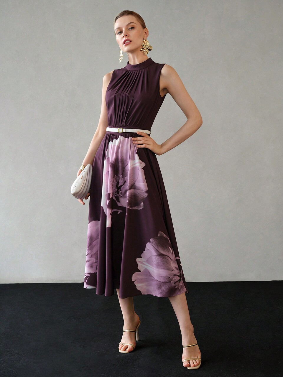 FLORAL PRINT MOCK NECK FOLD PLEATED DRESS