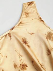 SHEIN Unity 女士花卉度假印花絲綢單肩束腰優雅連衣裙 - 卡其色 - 查看 6