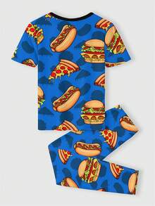 Cupones de alimentos, Hamburguesas, Perros Calientes, Pizza; 2 piezas/set de camiseta de manga corta con patrón de hamburguesa y pantalones informales para uso en el hogar para adolescentes varones, primavera y verano - Multicolor - Ver 2