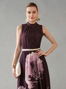 MOTF PREMIUM FLORAL PRINT MOCK NECK FOLD PLEATED DRESS