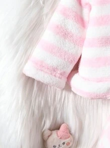 Baby Girls' Comfortable And Cute Pink Striped Animal Shape Hemmed Homewear Set, Hooded Long Sleeve And Long Pants - Pink - View 4