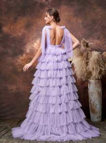 Faeriesty Dressalisa Maternity Backless Layered Tulle Hem Photography Dress - Lilac Purple - View 2