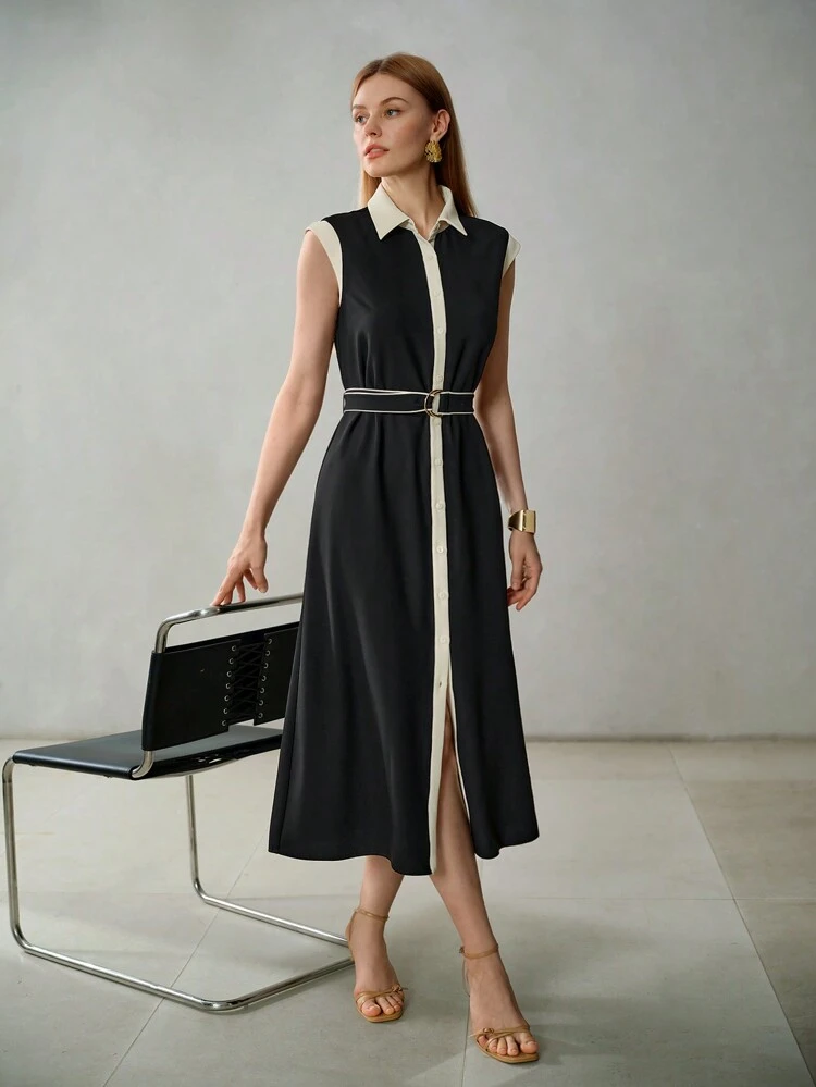 CONTRAST BINDING BUTTON PLACKET D-RING BELTED DRESS