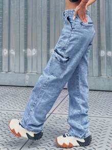 美式极简风格浅色工装牛仔裤，凸显您的身材，工装牛仔裤 - 中等水洗藍 - 查看 3