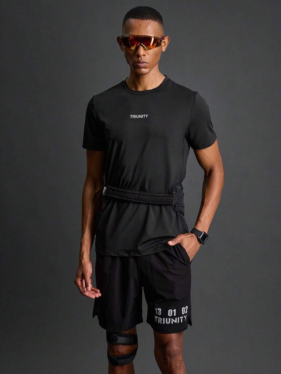Coreblaze T-shirt de sport à manches courtes style boyfriend pour hommes avec impression de lettres, chemise de compression pour hommes - Noir - Voir 1