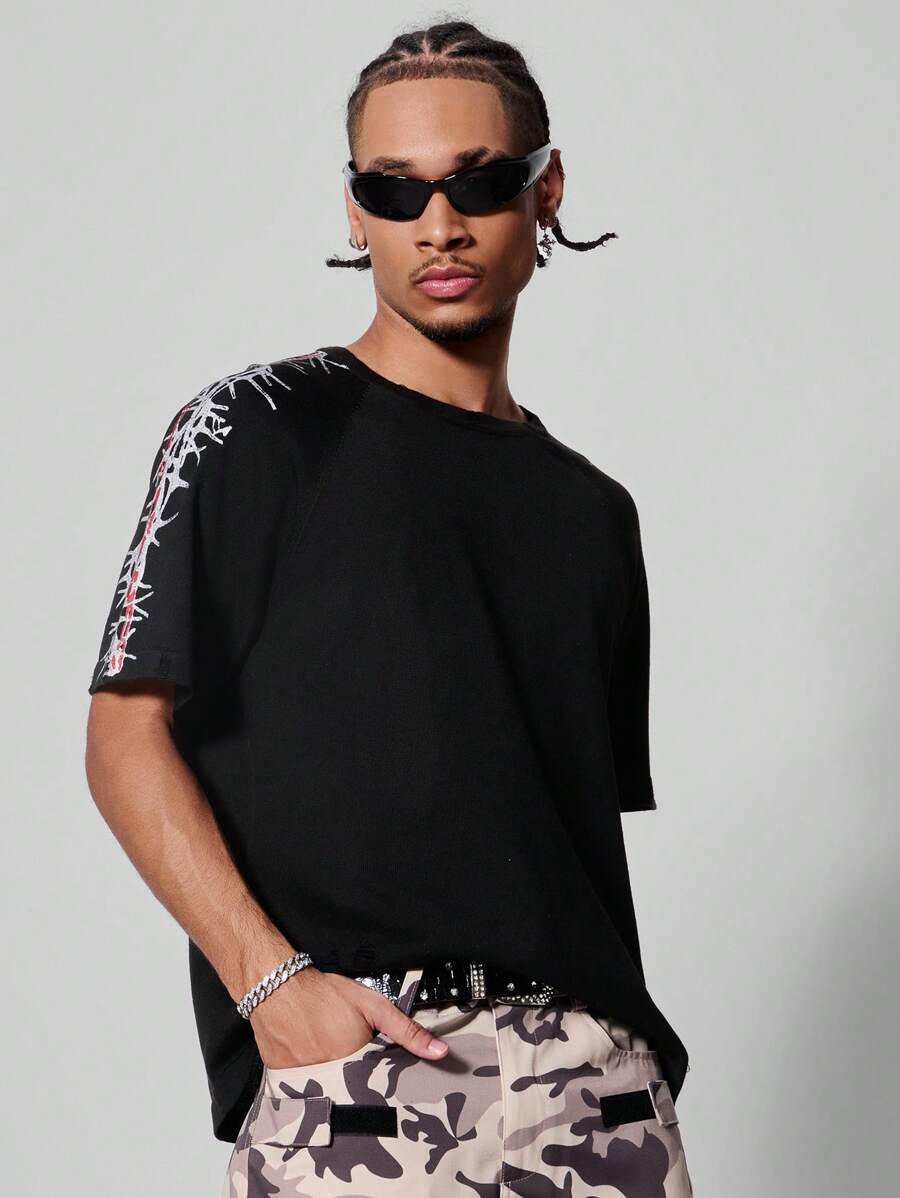 Manfinity Roghcode Men's Summer Thorn Print Round Neck Short Sleeve Knit Casual Top - Black - View 1