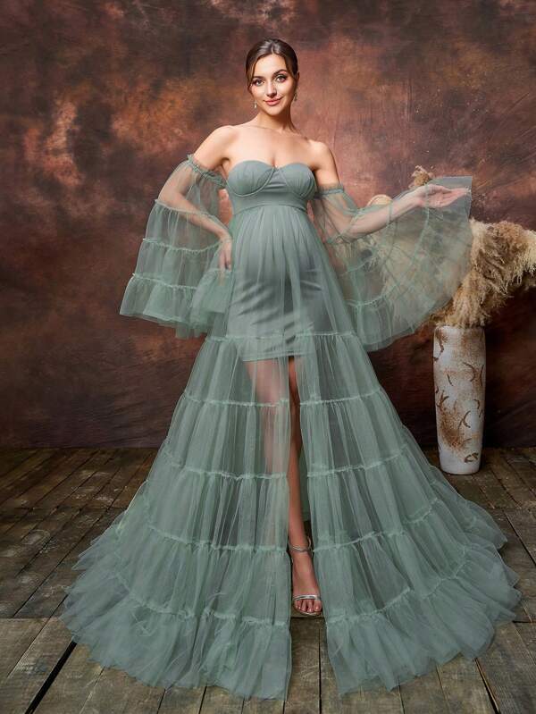 Maternity Off Shoulder Bell Sleeves Layered Hem Tulle Photography Dress, For Photoshoot