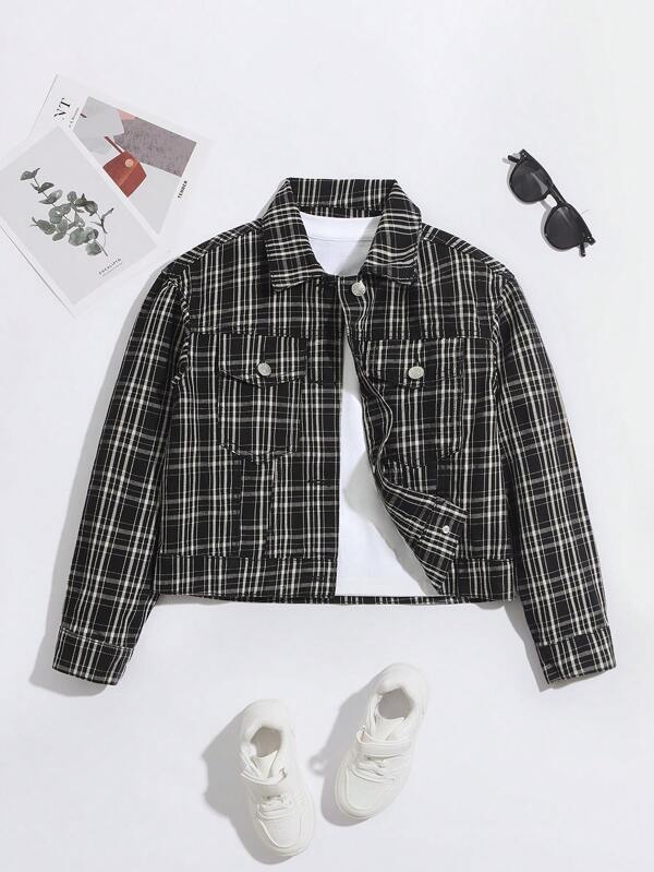 SHEIN Tween Girls Casual Black And White Plaid Denim Jacket Coat
