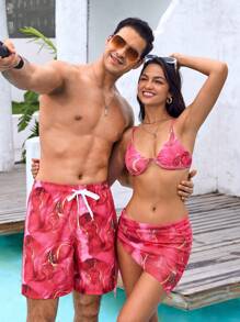 Surfspeed Men's Marble Print Drawstring Elastic Waist Loose Beach Shorts - Red - View 1