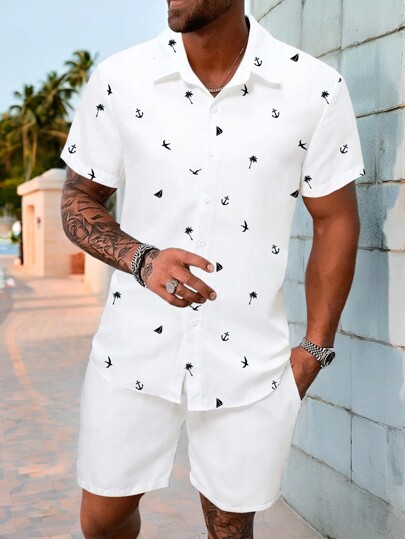 Manfinity RSRT Men's Tropical Print Short Sleeve Button-Up Shirt, Fitted Vacation Style For Summer