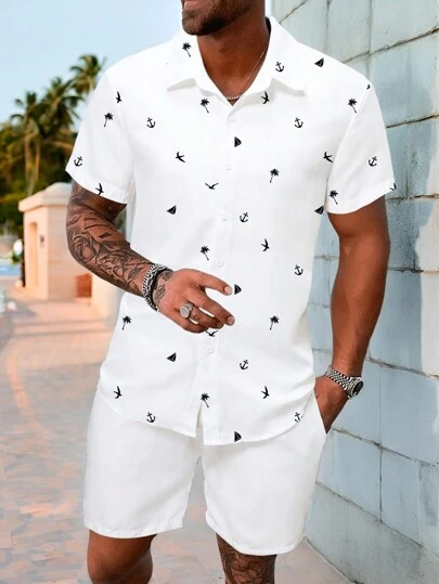 Manfinity RSRT Men's Tropical Print Short Sleeve Button-Up Shirt, Fitted Vacation Style For Summer