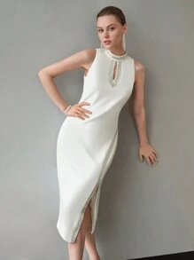 MOTF PREMIUM VESTIDO DE ESCOTE CON CERRADURA DE DETALLE DE PEDRERÍA Y ABERTURA EN EL MUSLO - Blanco - Ver 5