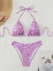 Swim Mod 女士夏季海滩不对称线条印花露背系带性感比基尼套装，随机印花 - 彩色 - 查看 3