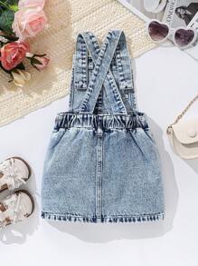 SHEIN Vintaside Kids Vintage Washed Criss Cross Strap Design Denim Bib Overall Dress/Pants For Baby Girls