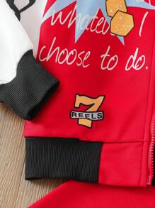 SHEIN Boys Star & Letter Graphic Bomber Jacket & Pants For Dailywear - Red - View 4