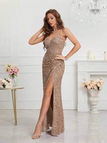 Đầm hai dây đính sequin xẻ tà UNITHORSE, đầm dạ hội trang trọng thanh lịch dành cho ngày Valentine, thích hợp cho đám cưới, dạ tiệc, lễ tốt nghiệp, tiệc tùng, đồng phục học sinh. - Màu be - Xem 7