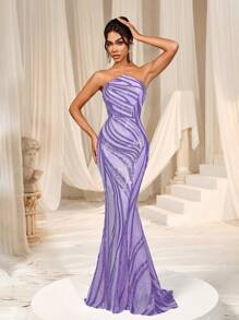 Faeriesty 亮片后背系带美人鱼下摆派对礼服优雅正式晚会舞会婚礼宾客礼服，适合毕业典礼、晚宴 - 紫色 - 查看 2