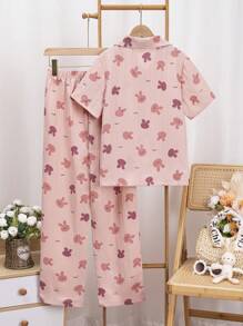 少女粉色泰迪印花短袖开衫和长裤休闲两件套家居服 - 粉色 - 查看 2