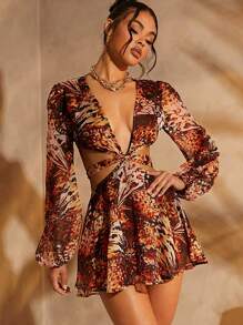 SHEIN Unity Mono/Traje de baño con corte de corbata, mangas de farol y estampado de mariposa - Marrón - Ver 1