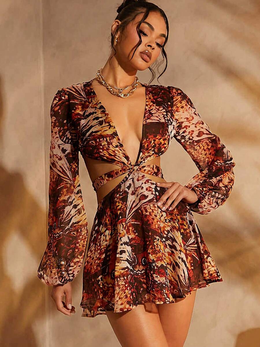 SHEIN Unity Mono/Traje de baño con corte de corbata, mangas de farol y estampado de mariposa - Marrón - Ver 1