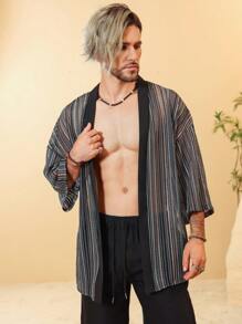 Manfinity RSRT Camisa Vintage Masculina Solta de Verão com Frente Aberta, Listras Coloridas e Mangas Caídas