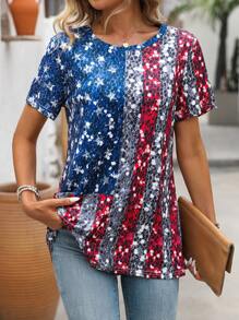 SHEIN LUNE 夏季休閒仿鑽石印花圓領短袖t恤 - 彩色 - 查看 1