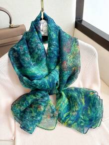 1 pièce Foulard en mousseline de soie imprimé de peinture à l'huile, châle mode été plage femme - Vert - Voir 4