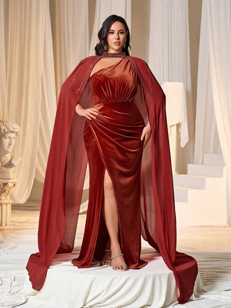 Faeriesty 带披肩的镶有水钻细节天鹅绒礼服优雅舞会晚会婚礼宾客礼服，适合毕业典礼、晚宴