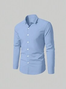 Manfinity Mode 男士加大纯色纽扣长袖衬衫，适合日常穿着，秋季 - 藍色 - 查看 4