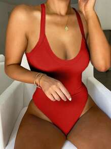 INAWLY Body sólido rojo sin mangas, sexy con tirantes espaguetis y espalda descubierta para mujer, verano - Rojo - Ver 3