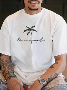 男式字母与棕榈树图案圆领短袖 T 恤 - 白色 - 查看 3