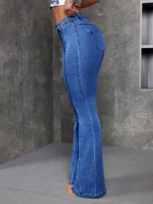 SHEIN ICON Women's Fashionable Washed Denim Flare Pants, Versatile - Medium Wash - View 5
