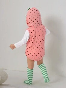 SHEIN 3入組嬰兒女童春秋時尚網紗波點連帽無袖連體衣，配長袖，純色嬉戲裝束 - 彩色 - 查看 2