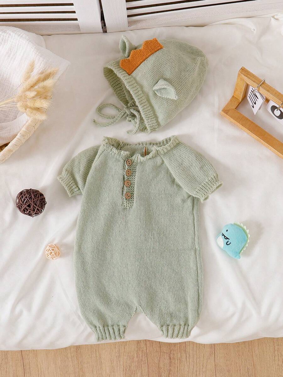 Conjunto de disfraz de dragón para recién nacido, perfecto como accesorio para sesión de fotos de un mes - Verde - Ver 1