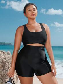 Swim SPRTY 加大码夏季海滩度假镂空后背褶皱连体泳衣 - 彩色 - 查看 4