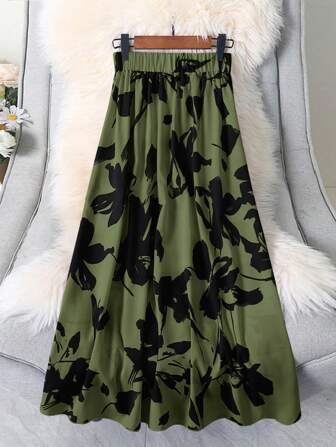 Elastisk midjekjol med blommönster för dagligt slitage