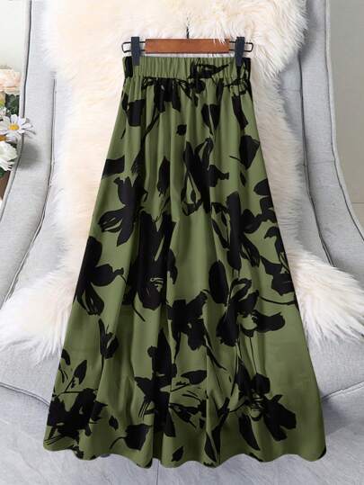 Floral Print Elastic Waist Skirt For Dailywear