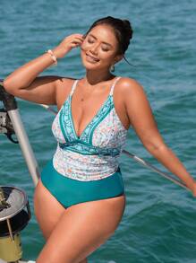 SHEIN Swim Curve 大码女式花卉印花海滩度假吊带背心分体泳衣夏季 - 彩色 - 查看 4