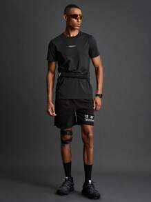 Coreblaze T-shirt de sport à manches courtes style boyfriend pour hommes avec impression de lettres, chemise de compression pour hommes - Noir - Voir 5