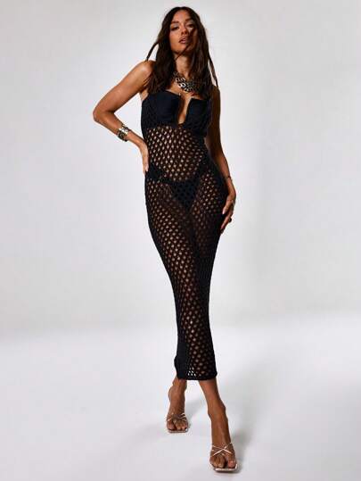 MUSERA Vestido largo de escote redondo de ganchillo