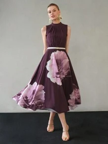 MOTF PREMIUM FLORAL PRINT MOCK NECK FOLD PLEATED DRESS