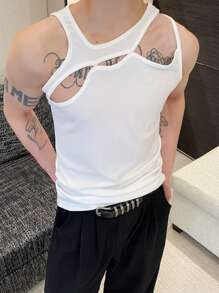 Men Cut Out Asymmetrical Neck Tank Top For Summer - White - View 4