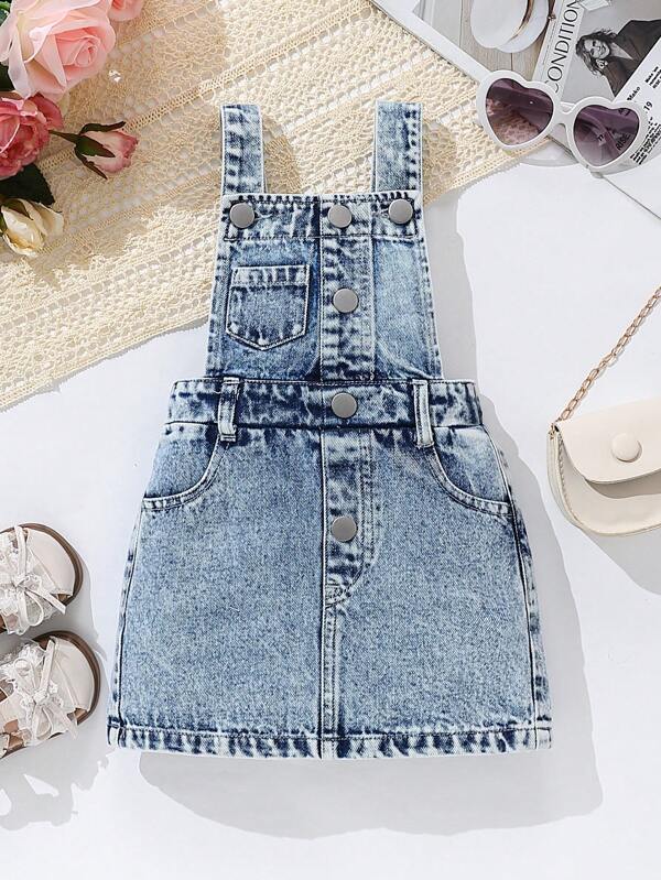 SHEIN Vintage Washed Criss Cross Strap Design Denim Bib Overall Dress/Pants For Baby Girls