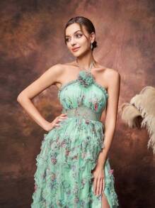 Faeriesty Dressalisa Maternity Floral Printed Halter Neck Mesh Overlay Formal Prom Dress - Green - View 4