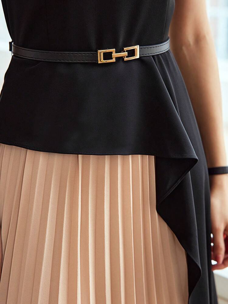 TWO TONE PLEATED HEM 2 IN 1 DRESS WITH BELT